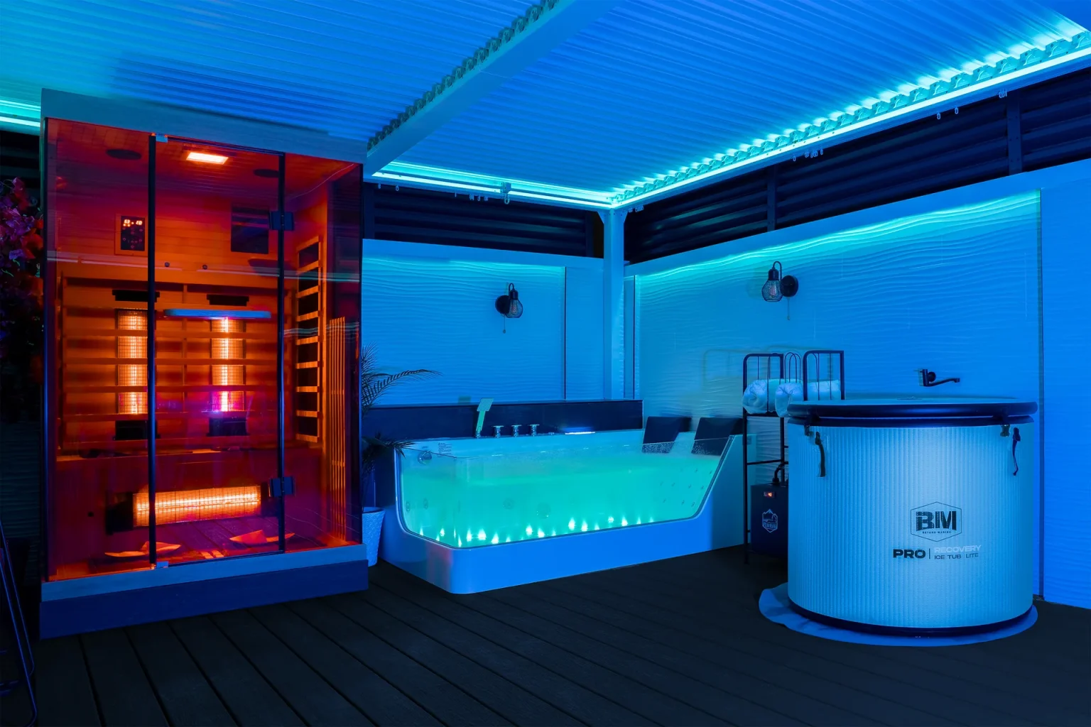 Private cold plunge beside sauna and jacuzzi