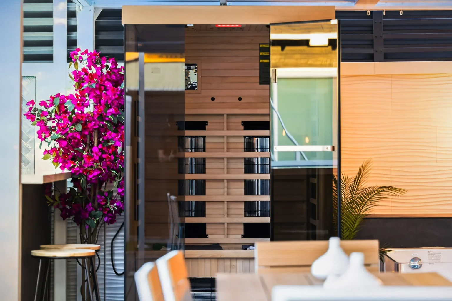 Outdoor private sauna in a landscaped courtyard
