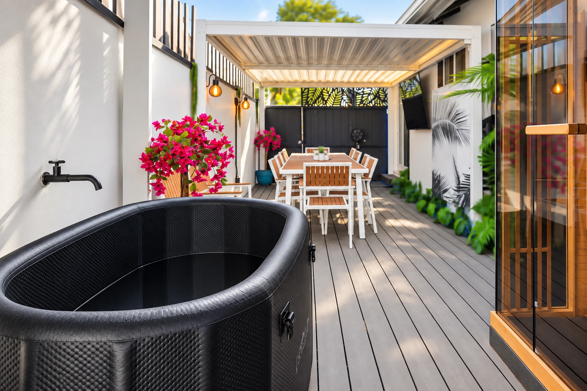 Outdoor cold plunge retreat setting